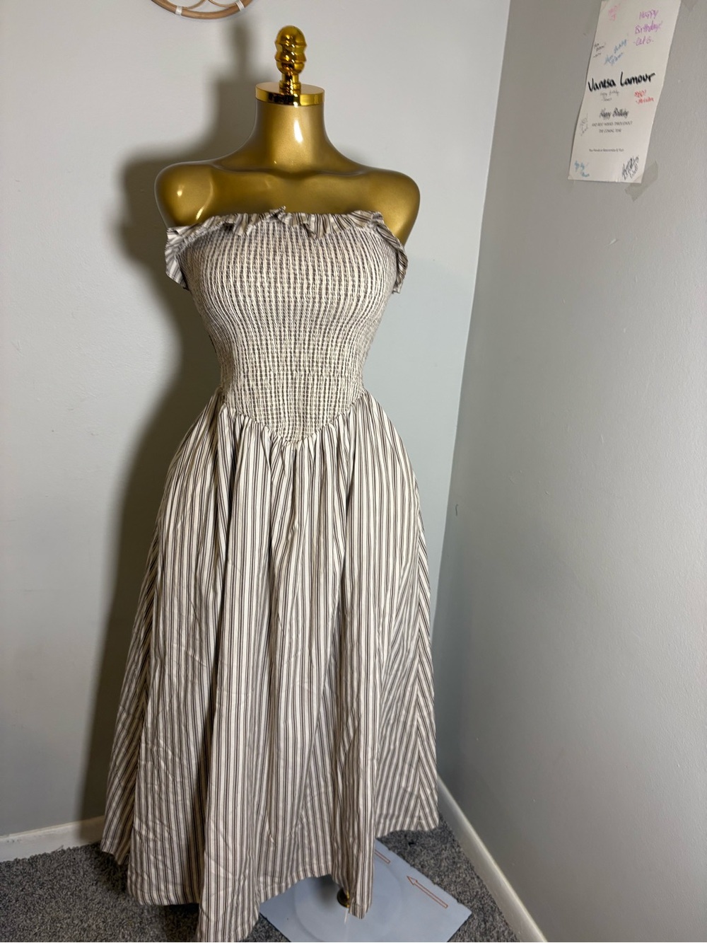 A&F Sydney Smocked Strapless Dipped-Waist Midi Dress